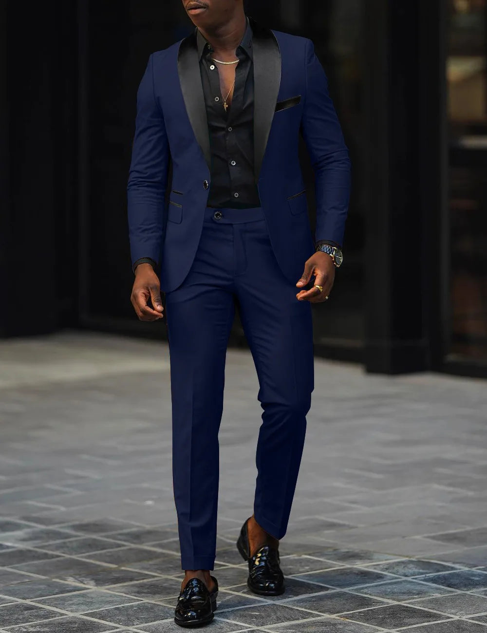 Men's fashion business casual two-piece suit by Showlu, slim-fit suit jacket and trousers with side slits and single-button design.