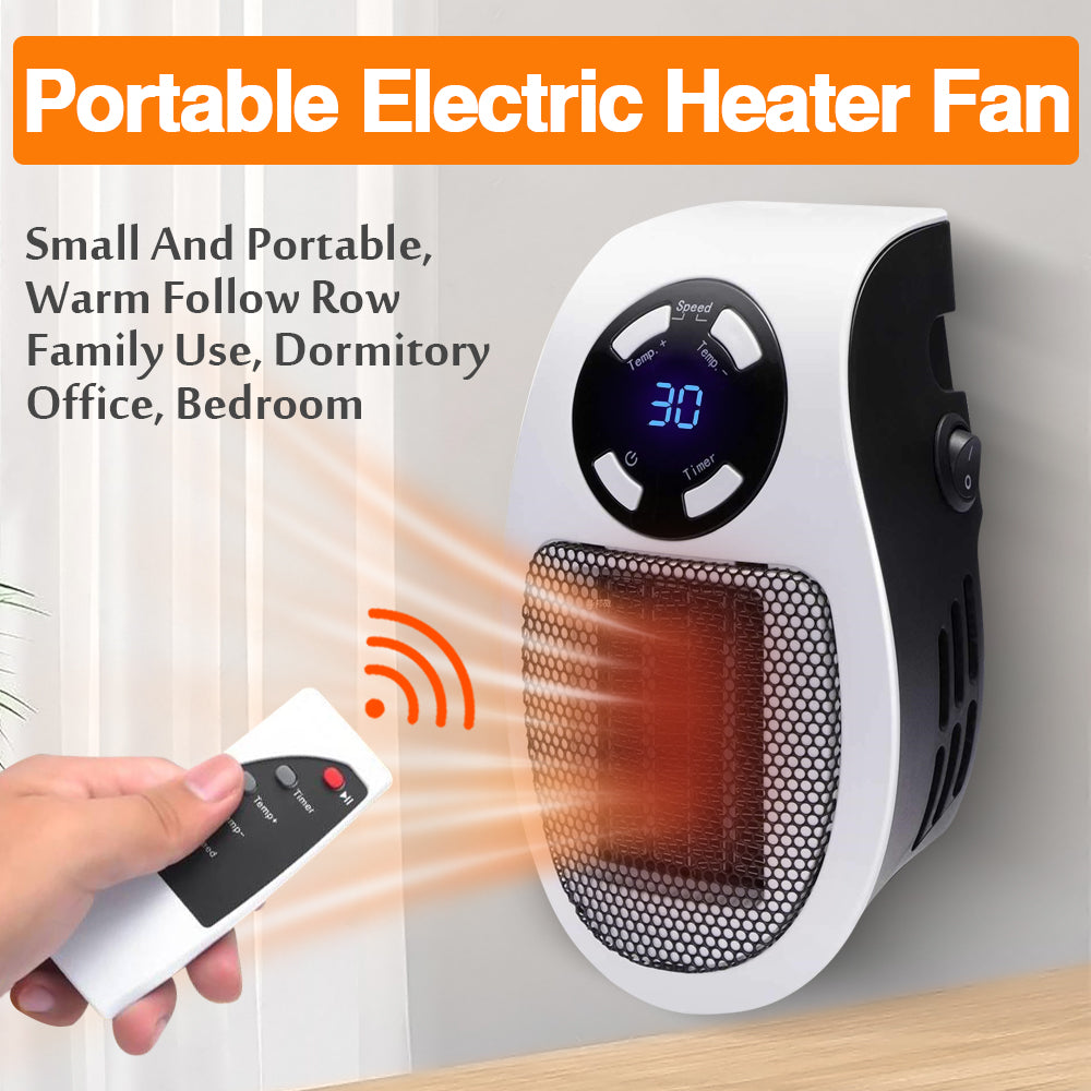 Showlu Smart General 500W mini ceramic space heater plugged in, compact design ideal for small rooms and personal warmth.