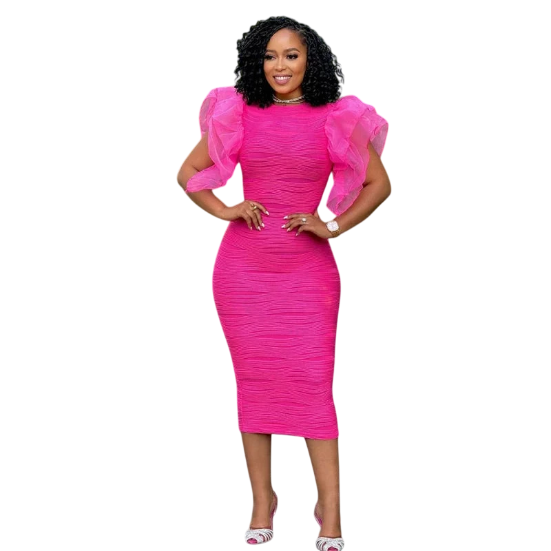AYLUCN women's bodycon party dress by SHOWLU FASHION with o-neck, ruffle sleeves, and mid-calf length, black fabric.