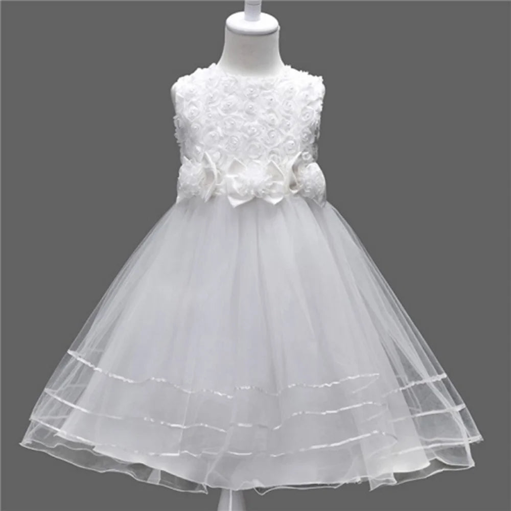 Girls princess style dress for ages 1-9 with mesh skirt, puffy design, sleeveless vest, suitable for wedding, party, or ceremony.
