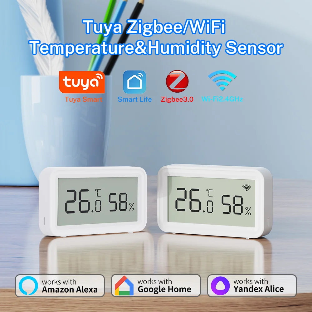 Showlu Smart General WiFi temperature and humidity sensor with Zigbee app control, displaying digital readings on the device screen.