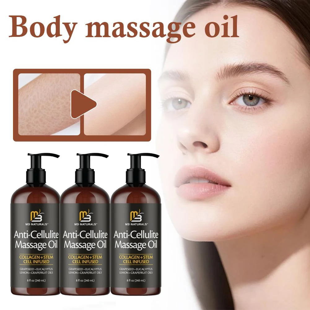 Showlu Collagen & Stem Cell Anti-Cellulite Firming Massage Oil in 240ml bottle, with a sleek packaging and massage application setup.
