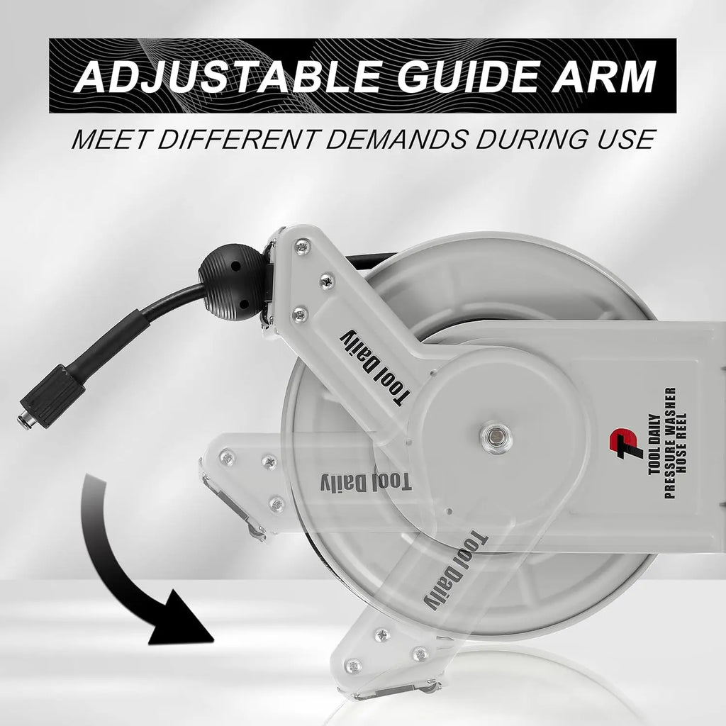 Showlu Smart General pressure washer hose reel with mounted hose and handle for easy winding and storage.