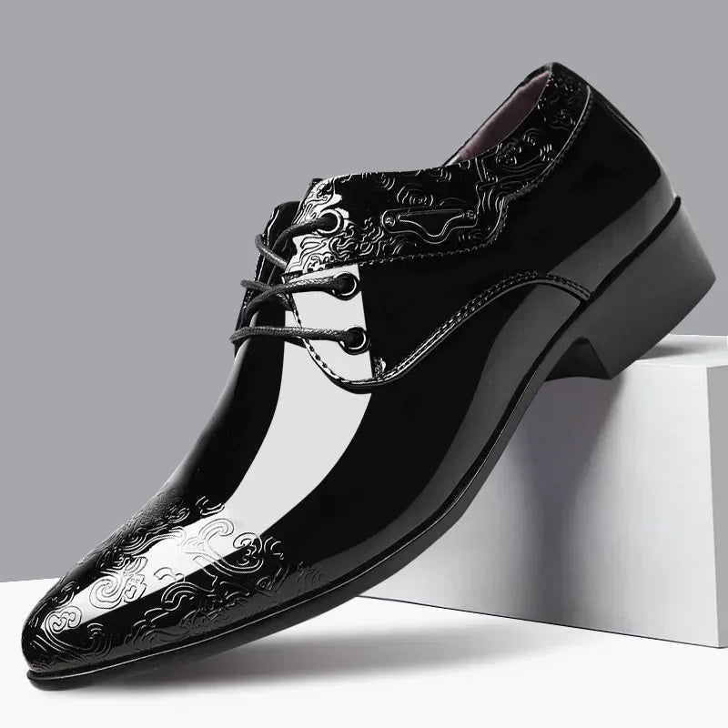 Men's luxury patent leather Oxford shoes by Showlu Fashion Store, pointed toe wedding derbies, stylish formal footwear.
