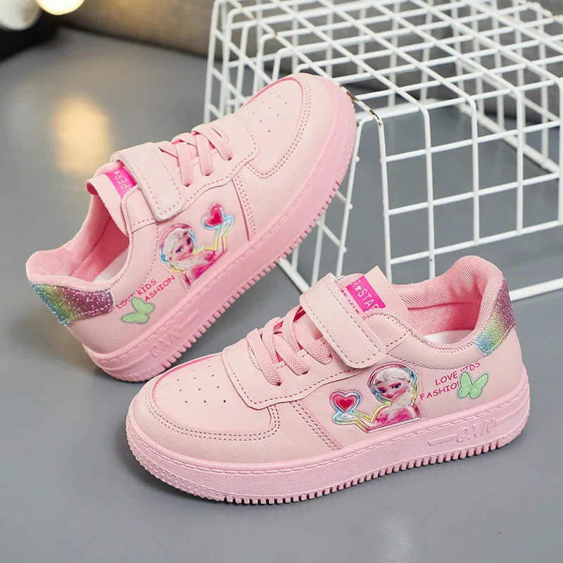 Disney Princess Elsa girls' fashion sneakers made of breathable PU leather with sparkly details and comfortable fit.