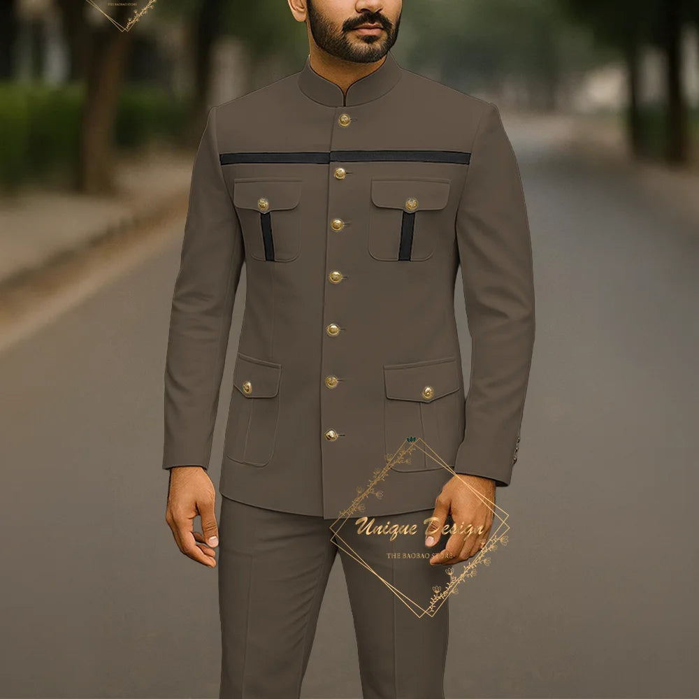 Ivory formal safari suit for men, custom-made Indian menswear, 2-piece set with jacket and pants, slim fit for wedding or party.