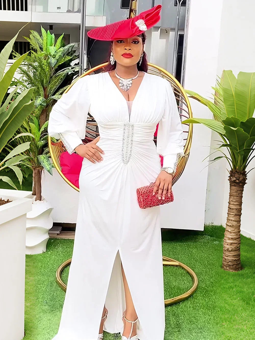 Elegant plus size African party dress for women featuring Ankara and satin fabrics, suitable for weddings and special occasions.
