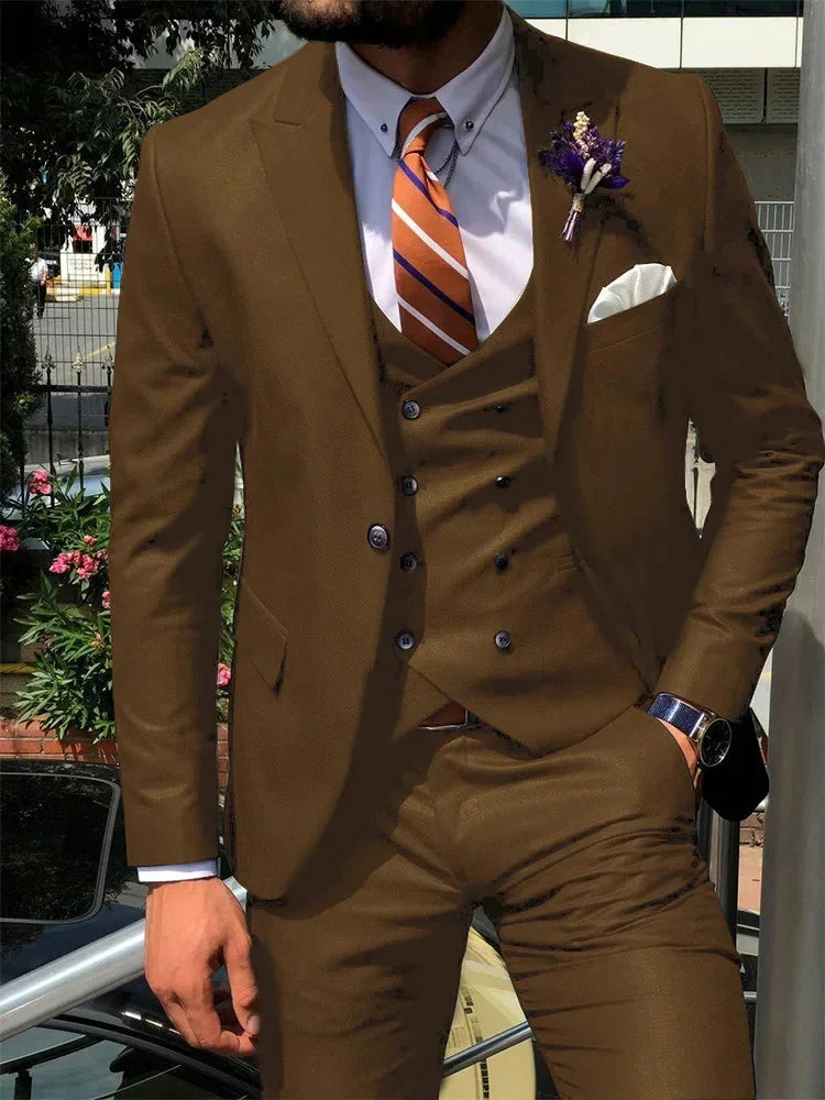 Dark blue SHOWLU men's 3-piece slim fit suit with cotton fabric, suitable for weddings and formal occasions.