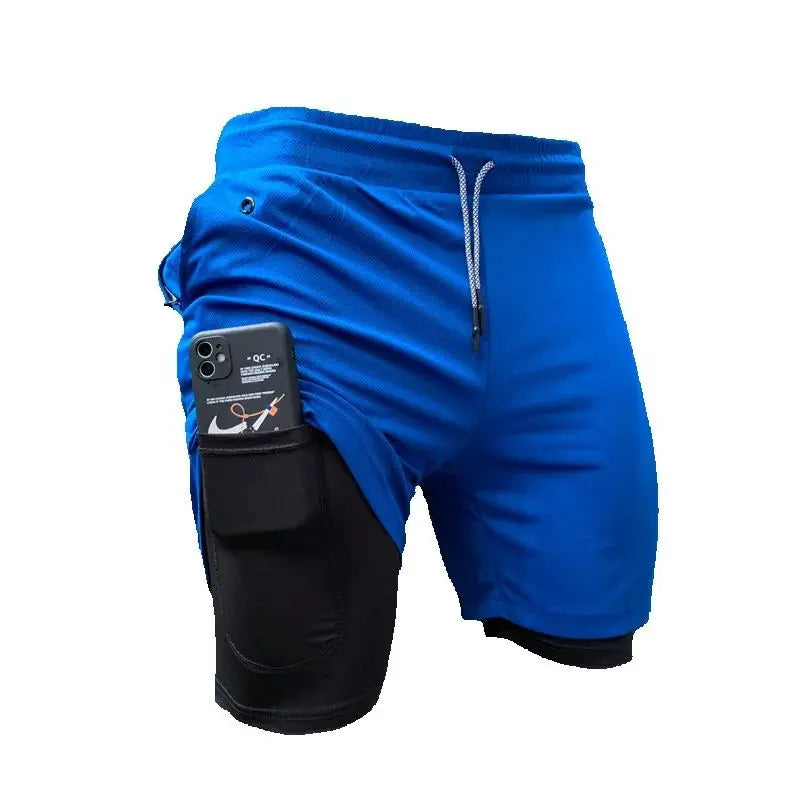 Men's camo running shorts by Showlu Fashion, 2-in-1 gym sports shorts with quick-dry fabric for workout and jogging.