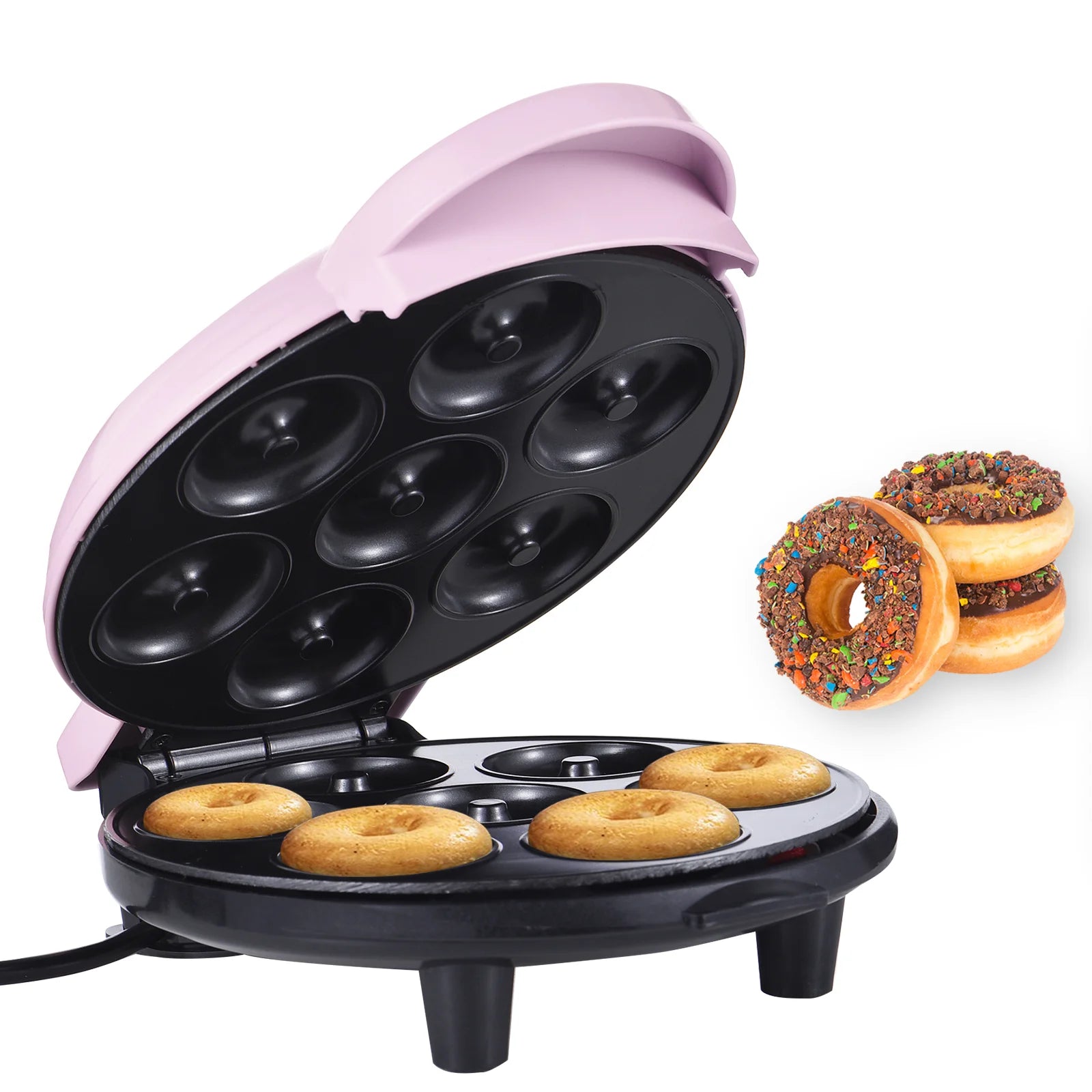 Homgeek 7-hole mini donut maker by Showlu Smart General, 700W, with freshly baked mini donuts in the machine.