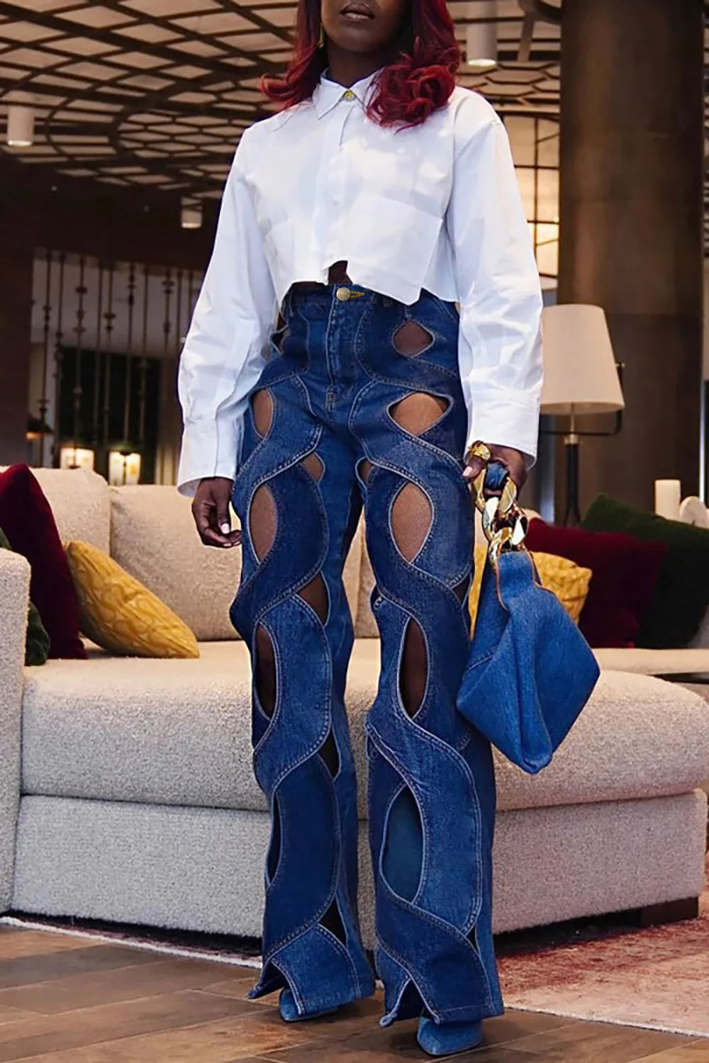 Women's Cut Out Denim Jeans Plus Size High Waist Y2K Fashion Sexy Vintage Casual Spring Fashion Straight Leg Denim Pants Jeans SHOWLU FASHION STORE