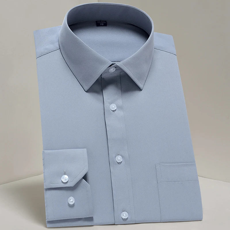 Men's classic contrast stitching dress shirt with front placket, long sleeves, and standard fit, suitable for business and office wear.