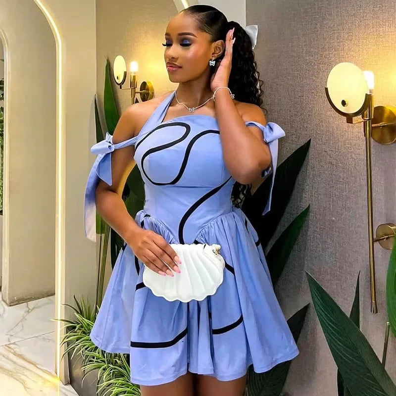 Summer Women Bowknot Shoulder Halter Neck Geometric Striped Big Swing Dress Streetwear Night Club Party Dresses Vestidos 2025