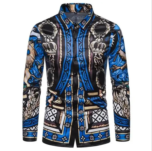 Showlu Men's retro plaid long sleeve shirt with floral pattern, casual dress top in vibrant colors, perfect for everyday wear