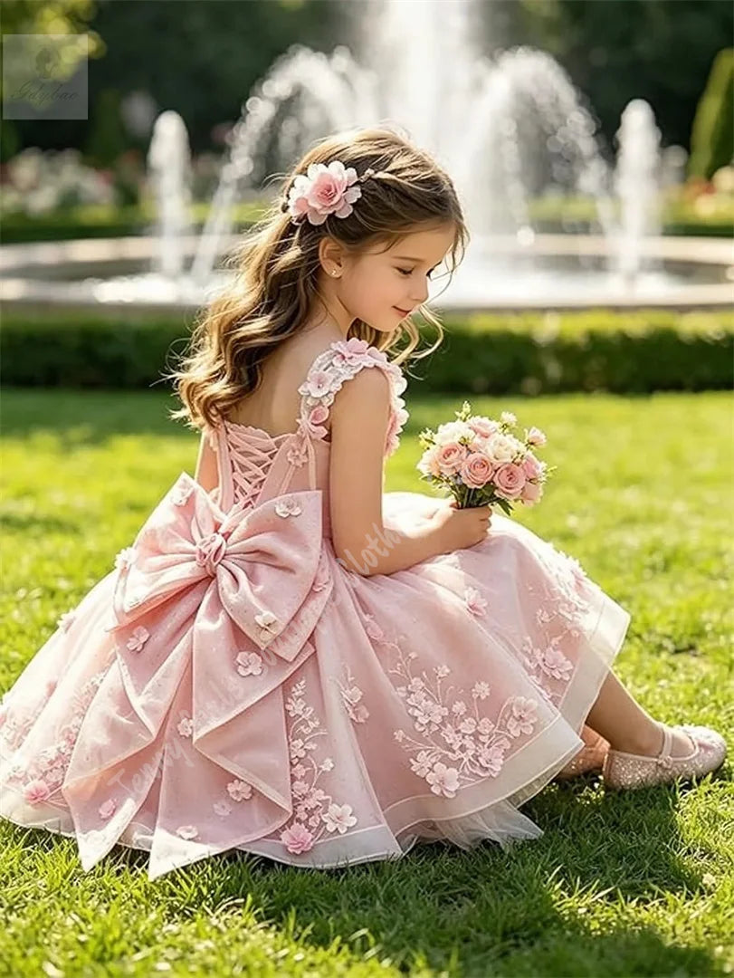 3D Floral with Bow Luxury Flower Girl Dress Wedding Thin Strap Backless Knee-Length Kid Pageant Party Birthday Event Dress