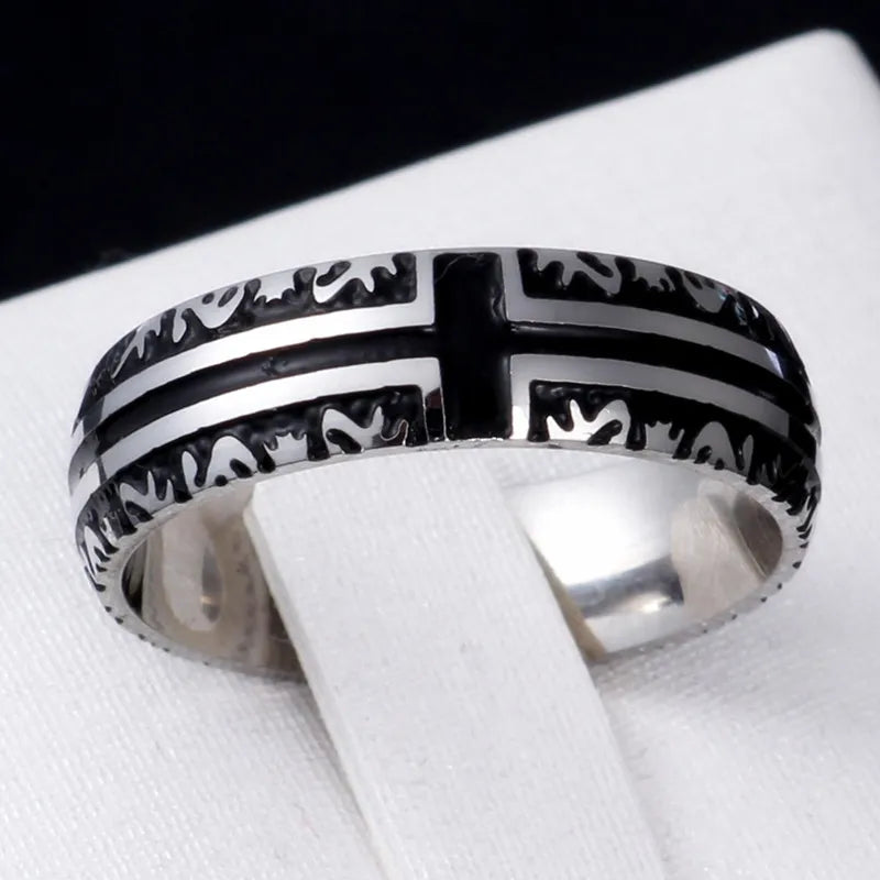 Titanium steel Christian cross Bible ring with 8mm unisex band, featuring detailed religious cross design on a sleek silver ring.