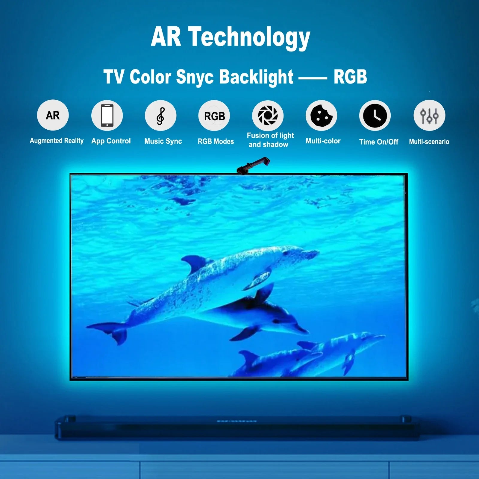 RGB LED backlight strip with color sensor for TVs, 5V, by Showlu Smart General, showing colorful lighting installed behind a TV