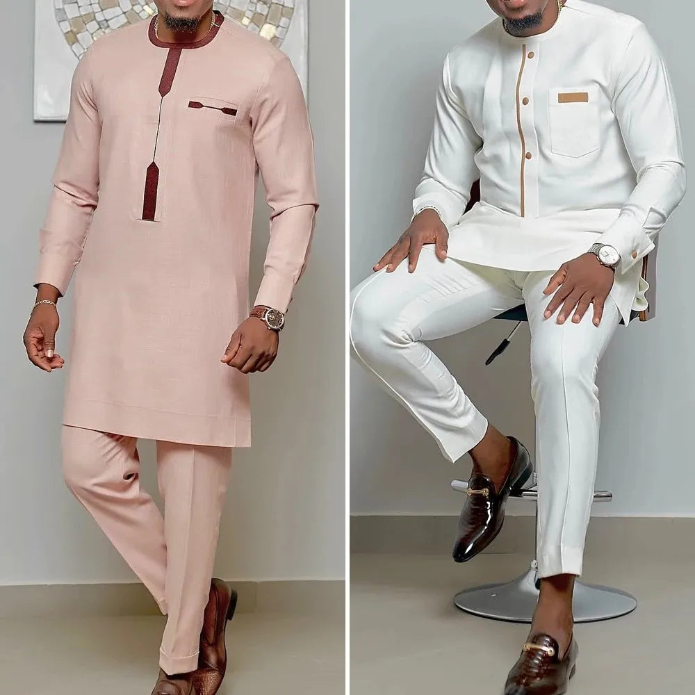 White Showlu men's Kaunda suit, traditional African 2-piece cotton set, featuring detailed craftsmanship and classic design.