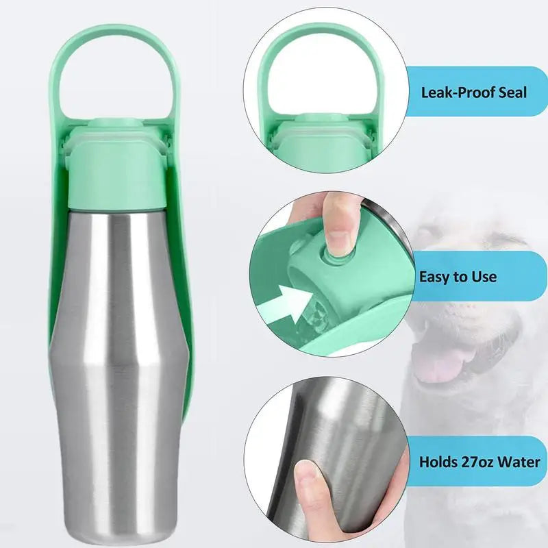 Showlu 750ml stainless steel pet travel water bottle for dogs and cats, featuring a portable design and easy-to-use water dispenser.