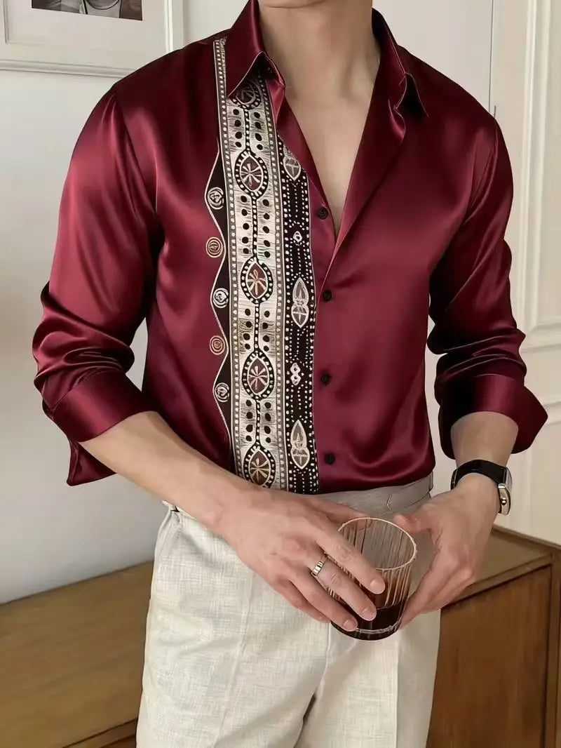Men's fashionable 3D flame printed long-sleeve shirt with button-up design from Showlu Fashion Store.