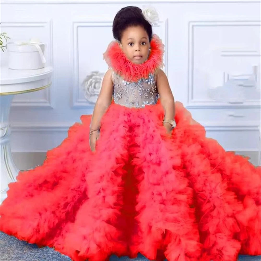 Gorgeou Flower Girls Dress Little Baby Girl Sky Blue Tulle Fluffy Applique for Party Kids Wedding Ball Birthday Evening Gowns