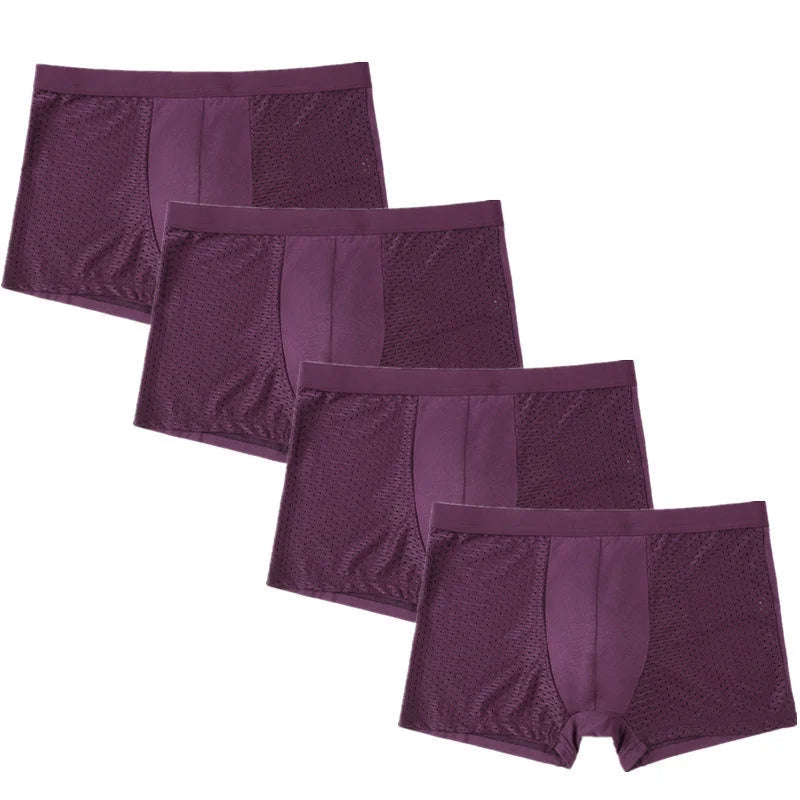 Showlu Men's Ice Silk Boxer Briefs in 4-pack, breathable mesh underwear with comfortable fit and smooth fabric.