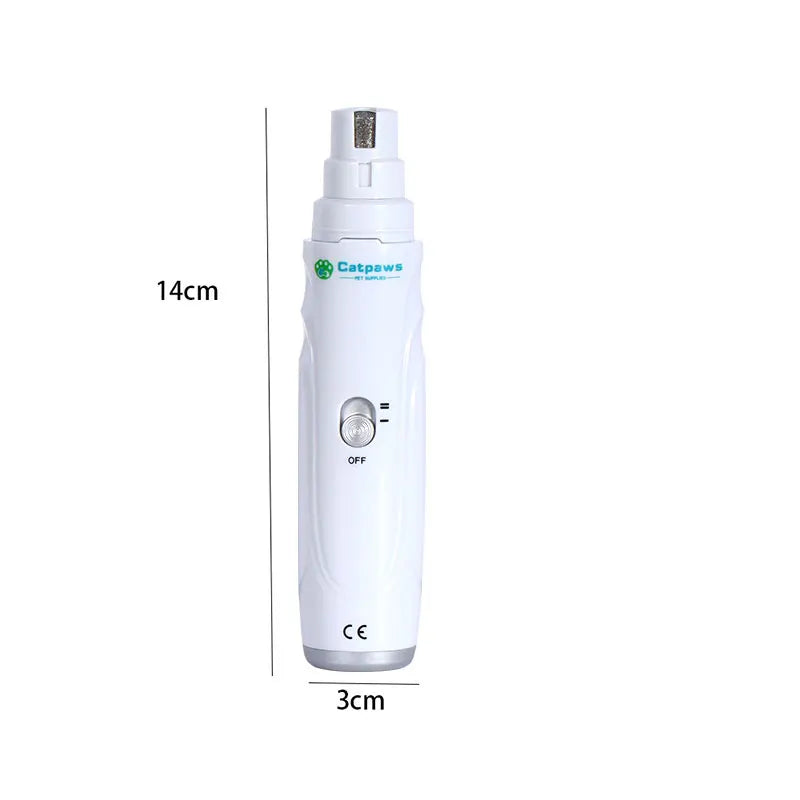 Electric dog nail grinder with 2 speeds and 3 ports, USB rechargeable, suitable for small to large dogs, shown in use.