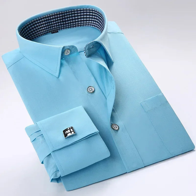 White men's long sleeve dress shirt with French cufflinks, slim fit, tuxedo style, button closure, ideal for formal occasions.
