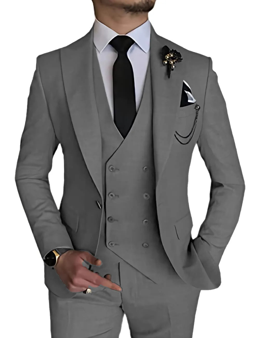 Men's three-piece business casual suit set by Showlu Fashion, featuring a jacket, vest, and trousers for formal occasions.