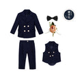 Children's burgundy formal suit set with jacket, pants, and vest for boys, suitable for birthdays and winter occasions.