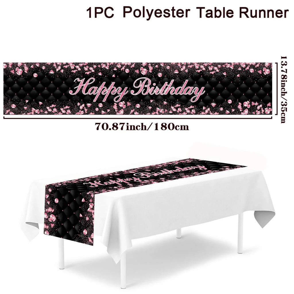 Black and gold birthday table runner and tablecloth for 18, 30, 40, 50 celebrations, party decor for home or adult anniversary.