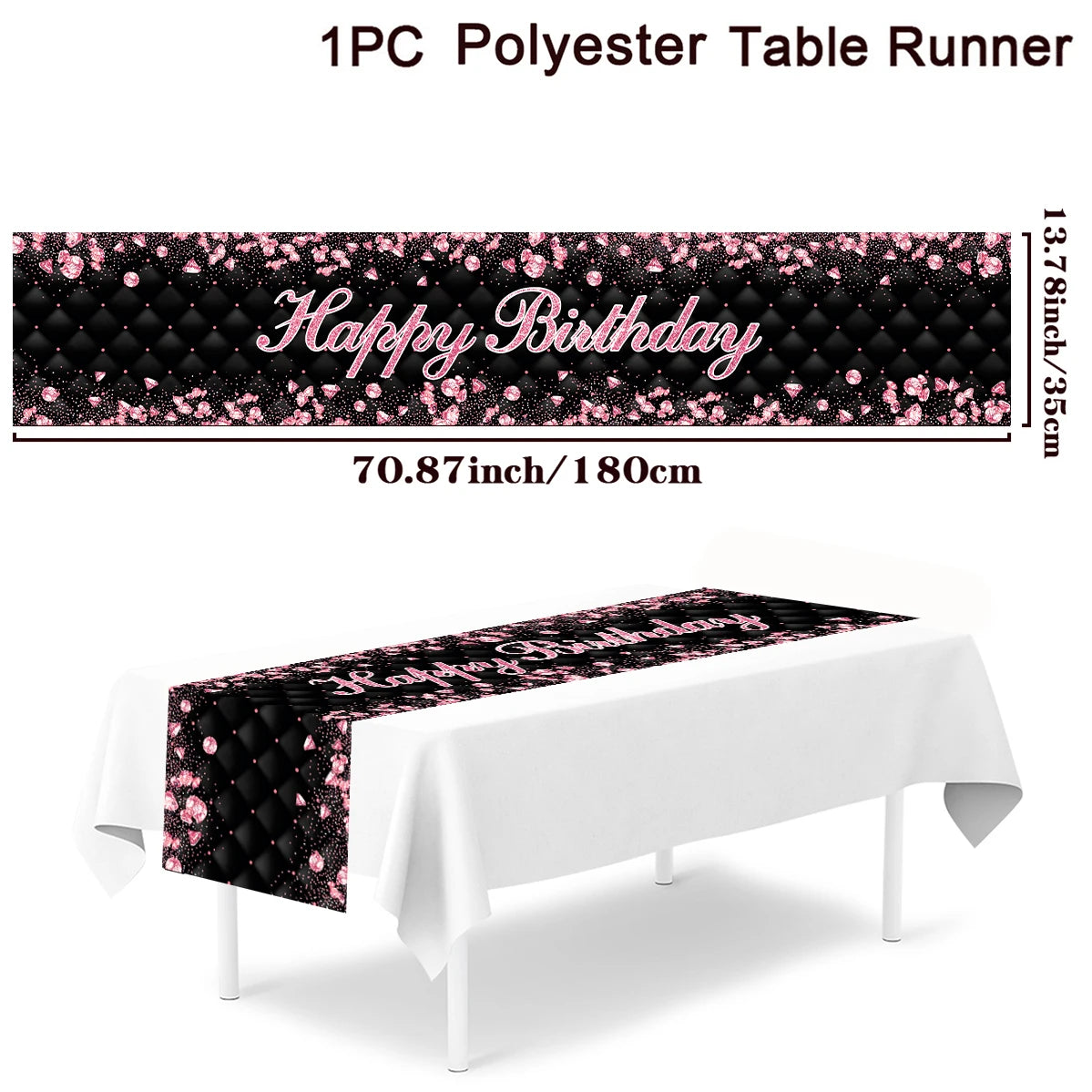 Black and gold birthday table runner and tablecloth for 18, 30, 40, 50 celebrations, party decor for home or adult anniversary.