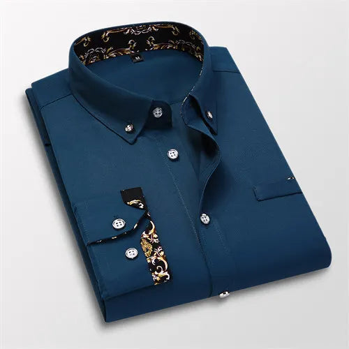 Men's white casual long sleeve cotton dress shirt, stylish social business shirt with soft fabric and modern fit.