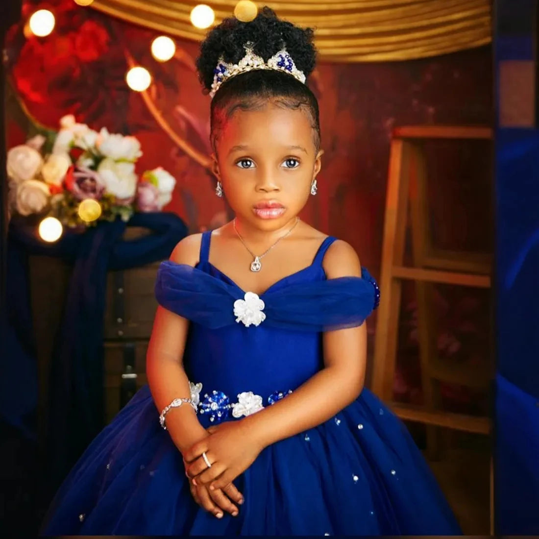 Princess Royal Blue flower girl dress with tulle skirt and floral accents, custom pageant wear by 1170uf-he.