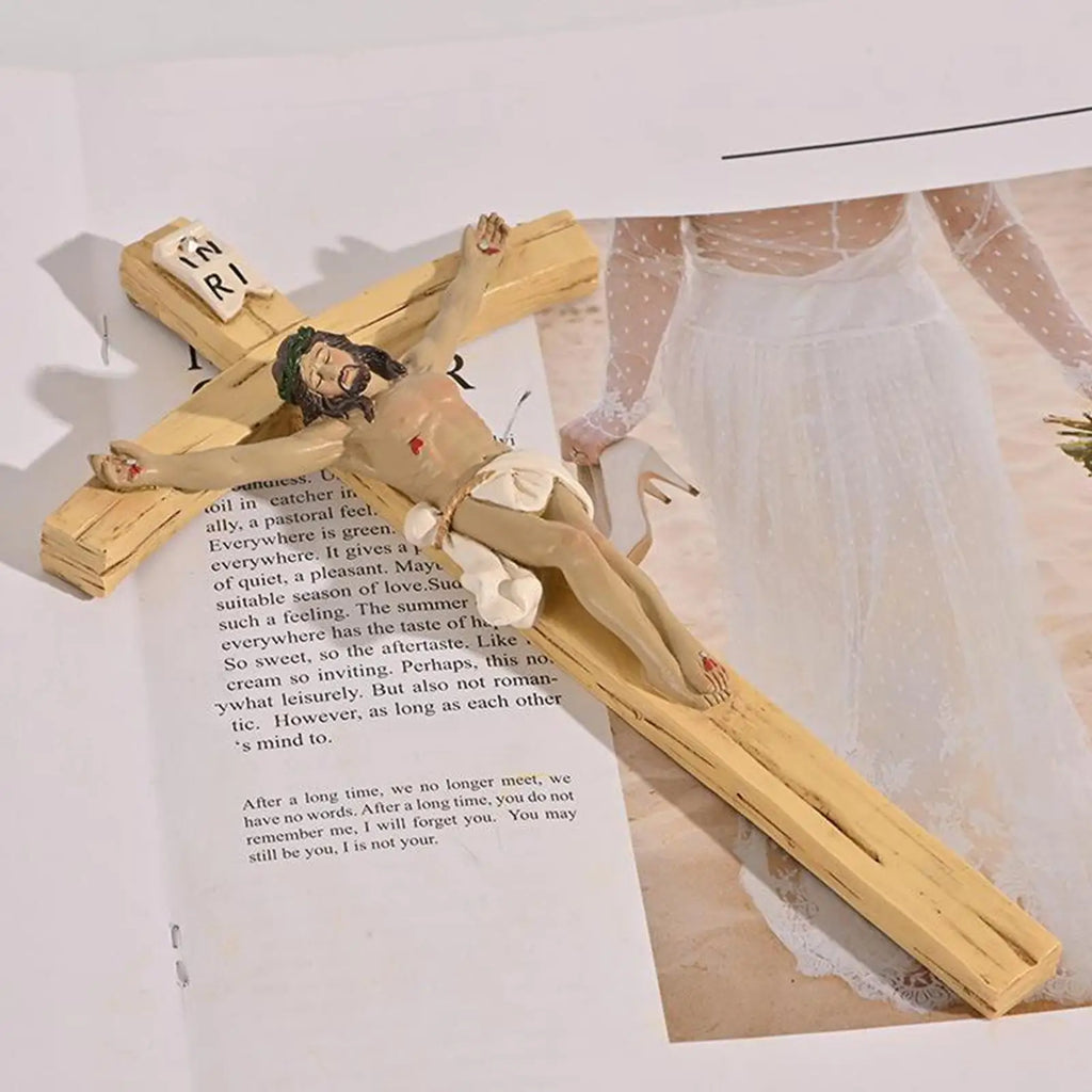 Vintage-style 8.7-inch wood resin Christ INRI wall cross crucifix with hand-painted, hand-carved religious Catholic design.