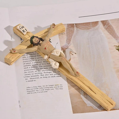 Vintage-style 8.7-inch wood resin Christ INRI wall cross crucifix with hand-painted, hand-carved religious Catholic design.