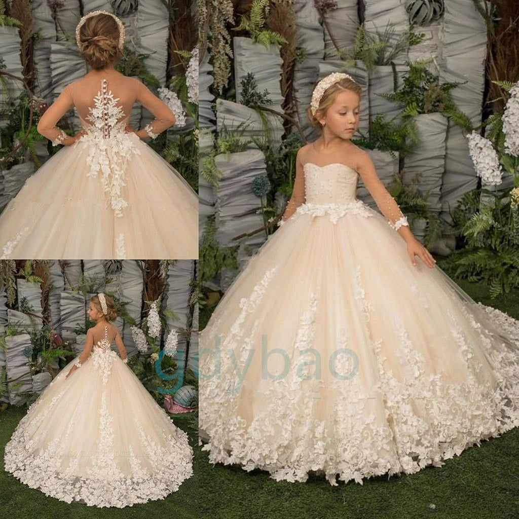Elegant Puffy A-line lace flower girl dress by Showlu Fashion Store with satin fabric, floral details, and a simple bow for kids' special occasions