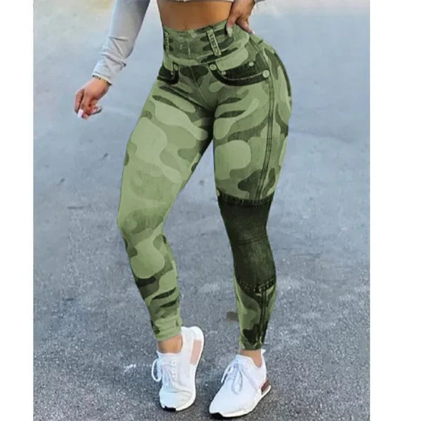 Denim look print high waist tummy control butt lift leggings for women, slim fit pencil style, spring and summer fashion.