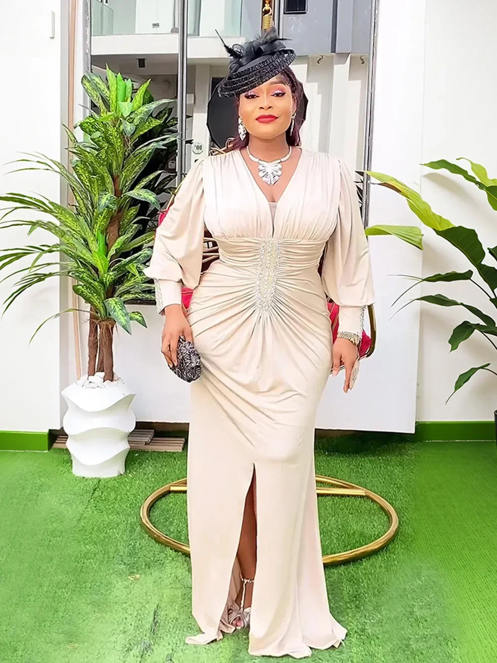 African party dress for women in plus size, elegant satin maxi gown with dashiki Ankara design, suitable for weddings and celebrations.