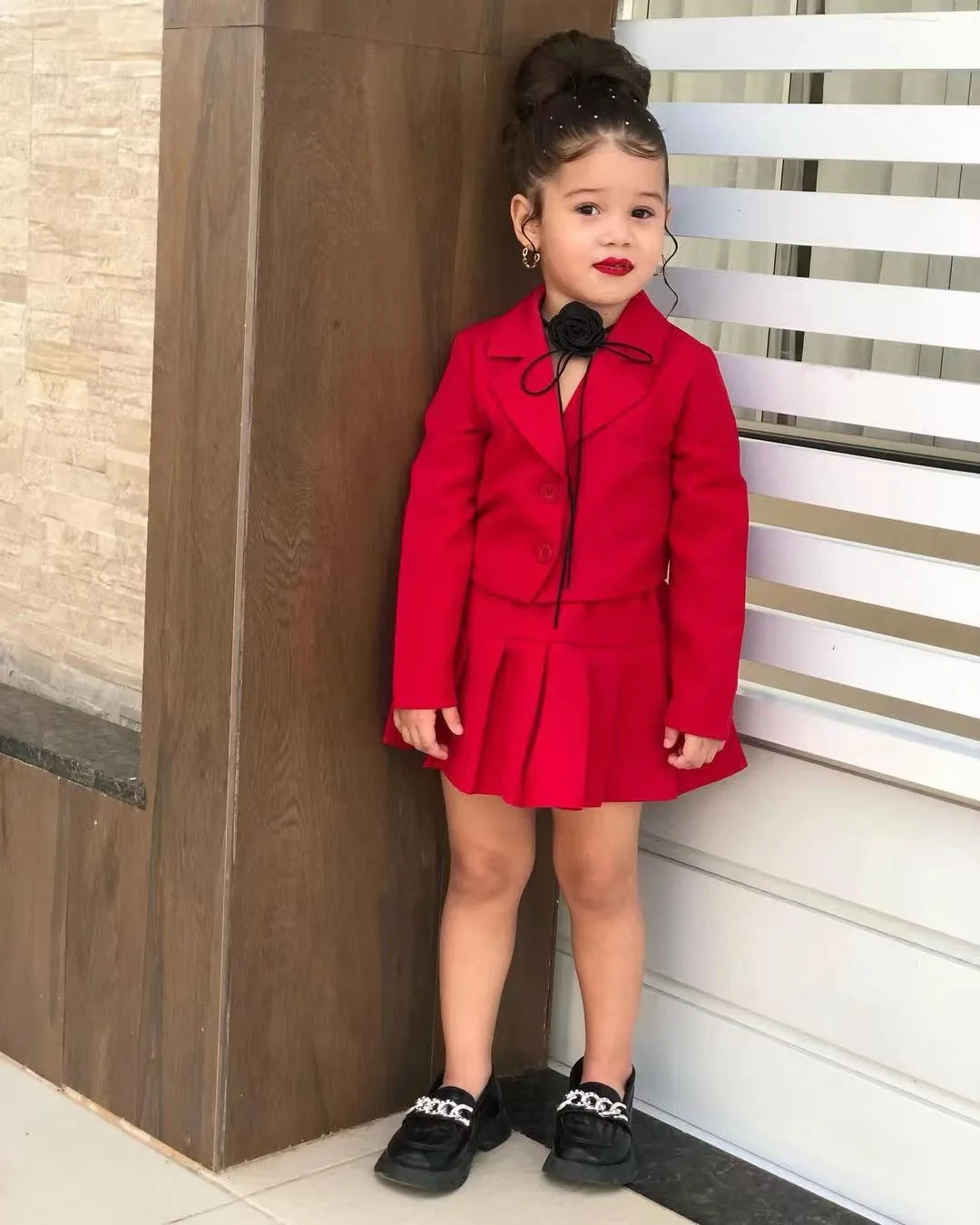 Girls winter 2-piece set by Showlu Fashion Store featuring a long sleeve jacket and matching skirt, perfect for cold weather.