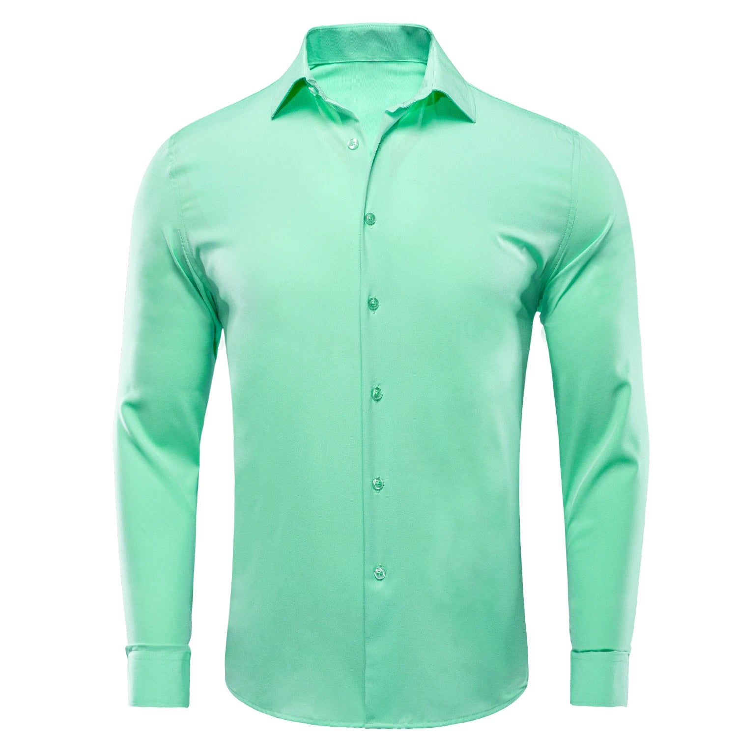 Showlu Fashion plain solid silk men's long sleeve dress shirt in blue, mint, pink, purple, green, or gray with lapel collar.