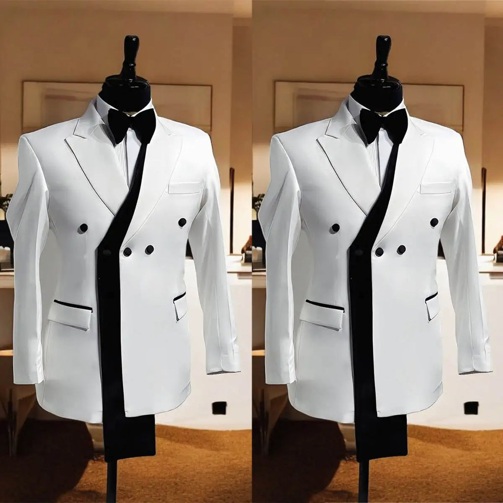 Men's custom-made wedding tuxedo jacket with peaked lapel, double-breasted design, suitable for formal occasions and business wear.