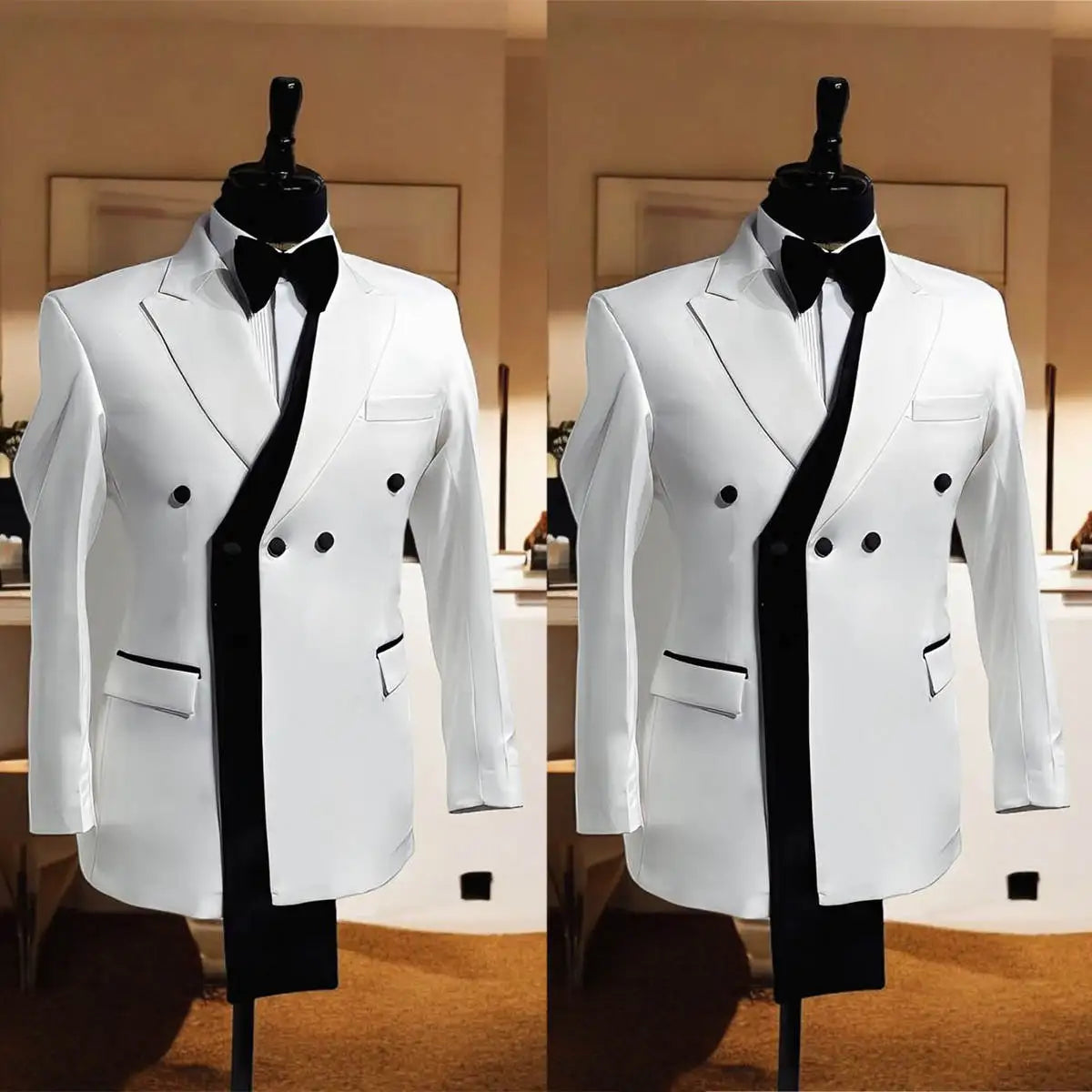Men's custom-made wedding tuxedo jacket with peaked lapel, double-breasted design, suitable for formal occasions and business wear.