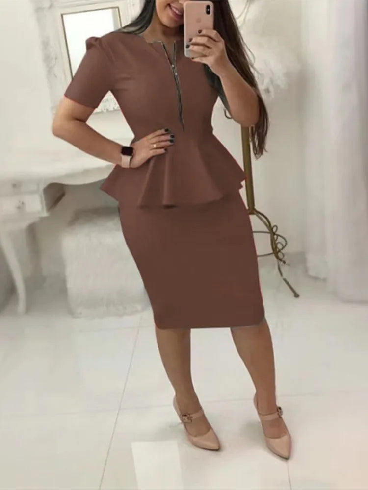 SHOWLU FASHION STORE women's V-neck slim top and knee-length skirt two-piece set, stylish and fitted outfit for women.
