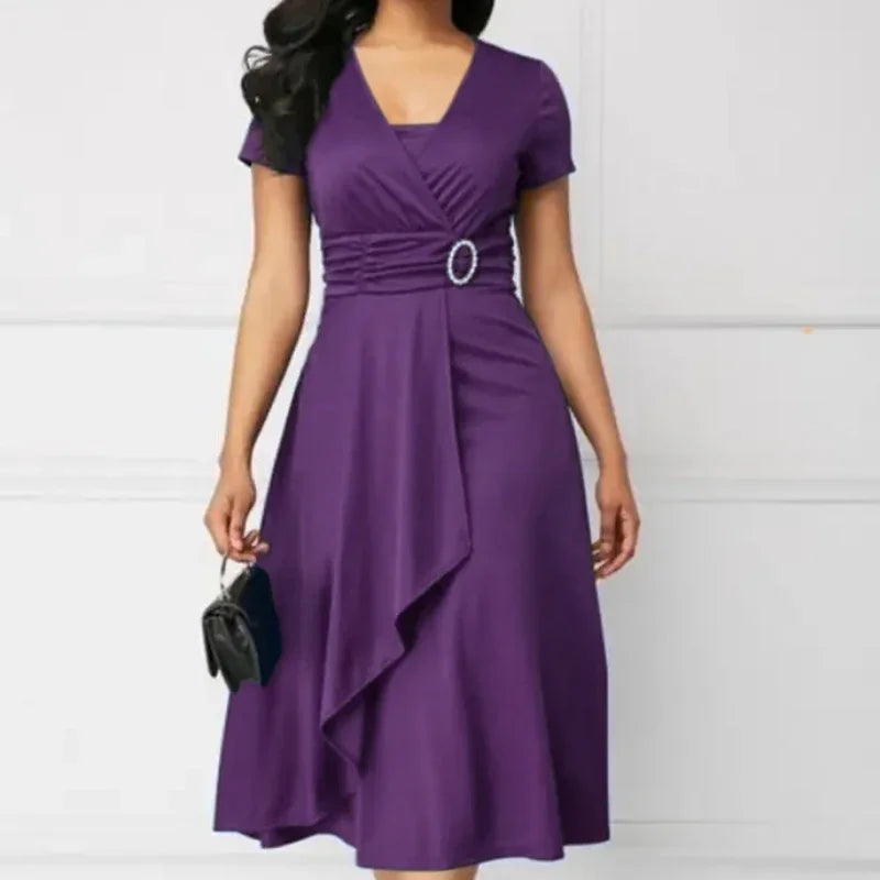 Liva Girl Women's V-Neck Short Sleeve Summer Party Dress in elegant A-line style, shown in soft fabric with a flattering fit.