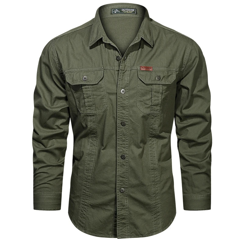 Men's cotton cargo shirt by SHOWLU FASHION STORE, long sleeve military overshirt with multiple front pockets and casual style.