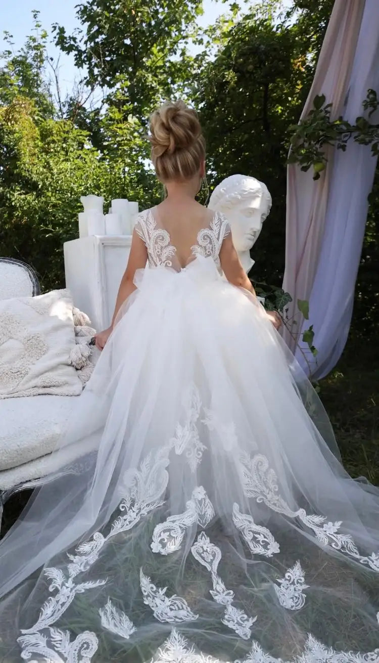 Lace flower girl dress by Showlu Fashion Store featuring floral tulle ball gown design for weddings