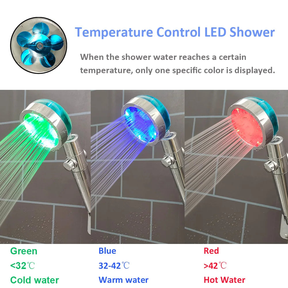 Showlu Smart General LED handheld shower head with temperature display and adjustable water pressure, mounted in a modern bathroom.