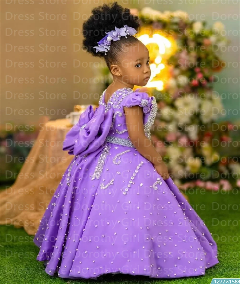 Luxury lavender beading flower girl dress by Showlu Fashion, featuring floral embellishments, perfect for birthdays, baptisms, and weddings.