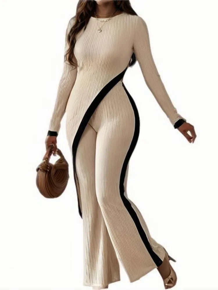 Asymmetric top and pants two-piece set for women, autumn winter casual outfit with round neck, patchwork design, and slim fit.